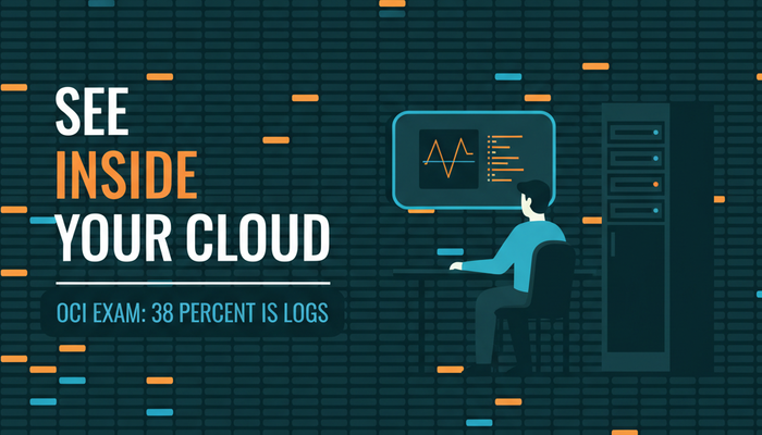 OCI Observability Professional 1Z0-1111-26 banner showing an engineer reading trace and log output against a wall of log lines