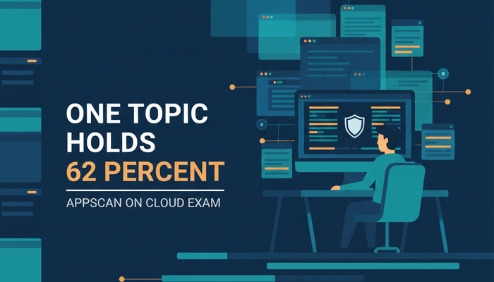 AppScan on Cloud certification banner showing a security tester at a monitor surrounded by layered application scan panels