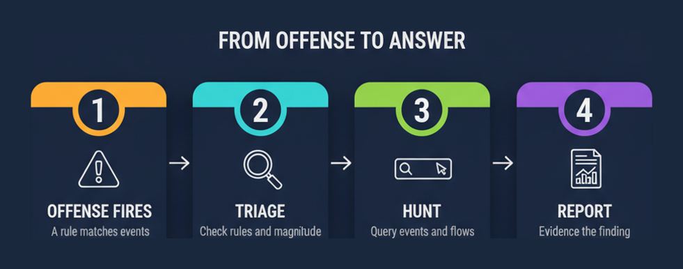 Four stages of a QRadar investigation for C1000-162: offense fires, triage, hunt, report