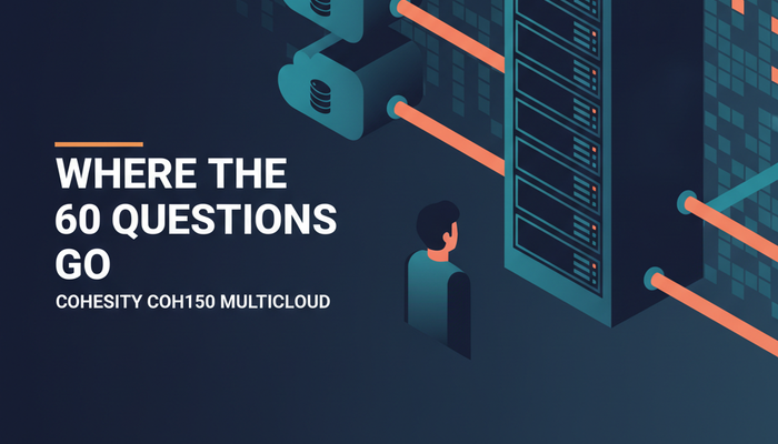 Cohesity COH150 multicloud certification exam banner showing where the 60 questions sit across six domains