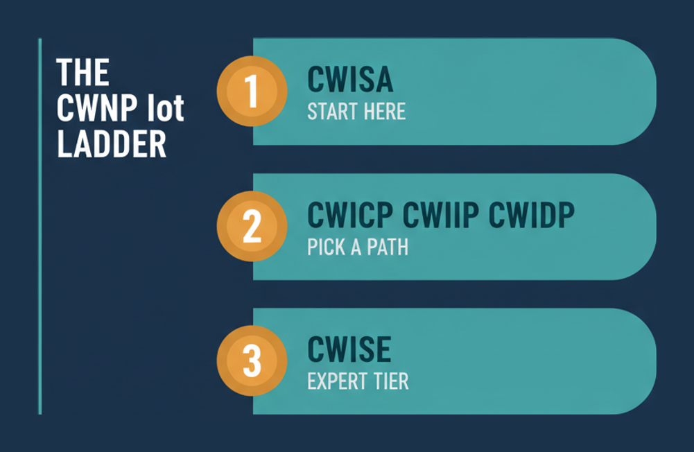 The CWNP wireless IoT certification ladder from CWISA at administrator level through CWICP, CWIIP and CWIDP to CWISE at expert tier