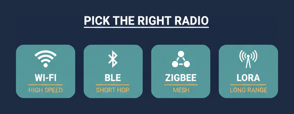 Four wireless IoT radio choices compared for CWISA-103: Wi-Fi for high speed, BLE for short hops, Zigbee for mesh and LoRa for long range
