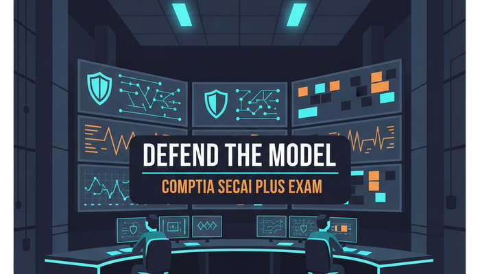 CompTIA SecAI+ CY0-001 certification banner showing a security operations room with model monitoring screens