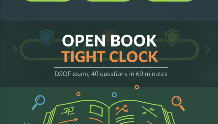 DevOps Institute DSOF DevSecOps Foundation exam banner showing a delivery pipeline with security gates and an open reference book