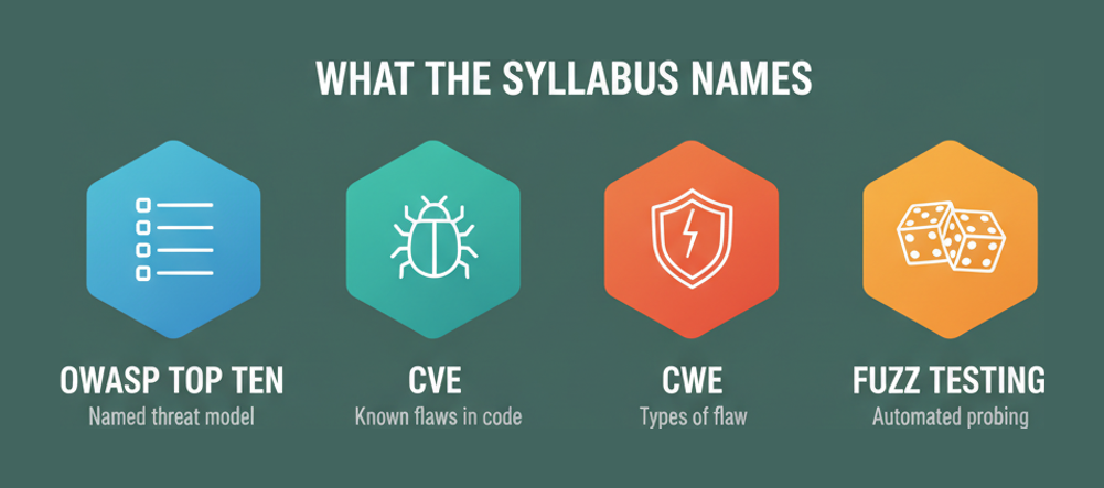 Frameworks the DSOF syllabus names directly: the OWASP Top Ten, CVE, CWE and fuzz testing