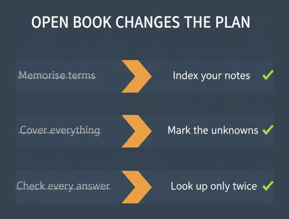 How open book delivery changes the DSOF study plan, replacing memorising with indexing notes and limiting lookups
