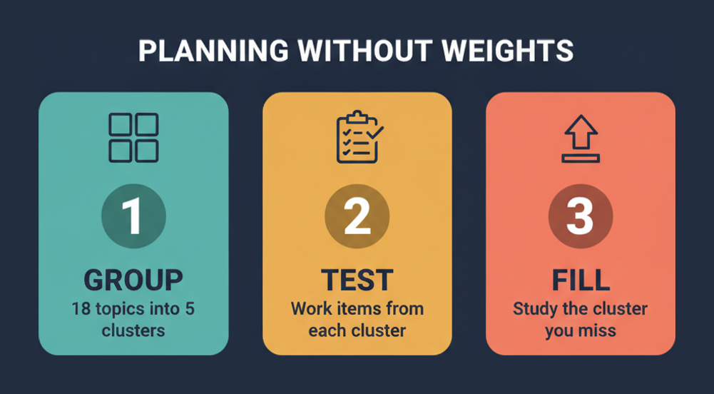 Three step method for planning GCSA study without domain weightings: group the 18 topics, test each cluster, fill the weak one