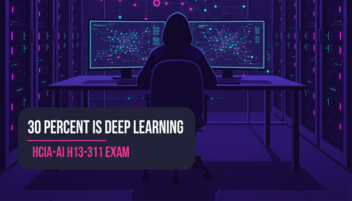 Huawei HCIA-AI H13-311 certification banner showing a study desk with a neural network diagram on a wall display