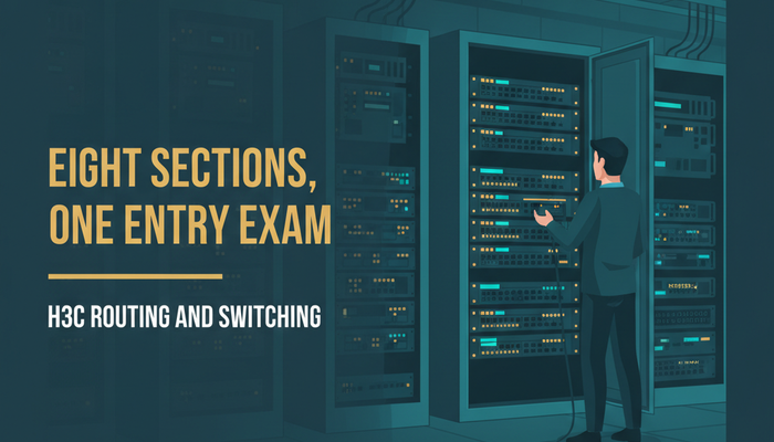 H3C GB0-192 H3CNE-RS+ certification banner showing a network engineer working on switch and router stacks