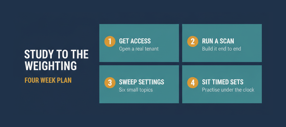 Four week study plan for HCL-ASoC-AST-2024 covering access, a full scan, settings sweeps and timed sets