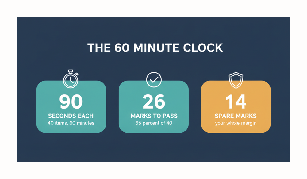 ITIL 4 Foundation exam pacing: 90 seconds per question, 26 marks to pass out of 40 and 14 spare marks
