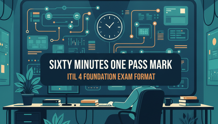 ITIL 4 Foundation exam format banner showing a service desk analyst at a wall of service flow panels with a clock