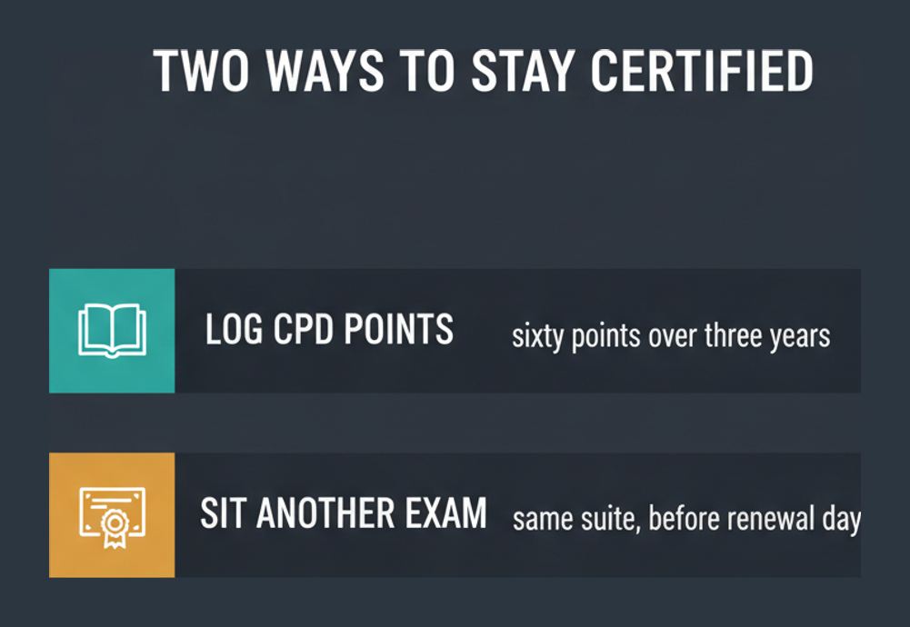 The two ITIL 4 Foundation renewal routes published by PeopleCert: 60 CPD points over three years, or another exam in the same product suite