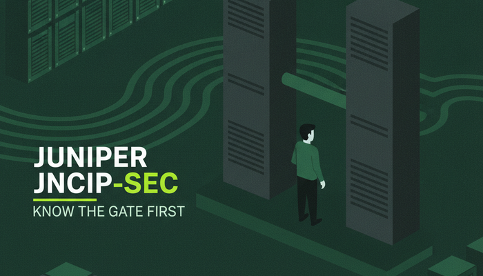 JNCIP-SEC JN0-637 banner showing a network engineer between two SRX firewall towers linked by a redundancy connection