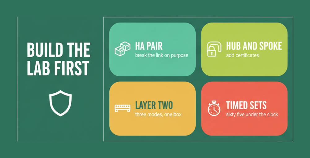 Four lab exercises for JN0-637 covering HA pairs, hub and spoke VPNs, Layer 2 modes and timed sets