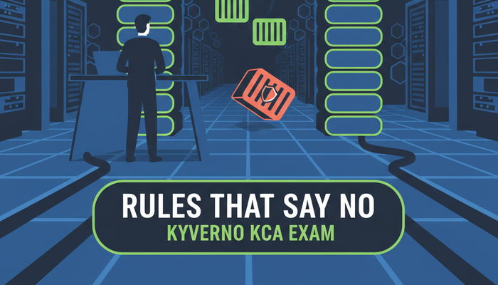 Kyverno Certified Associate exam banner showing a platform engineer watching container blocks pass through a policy gateway while one is rejected