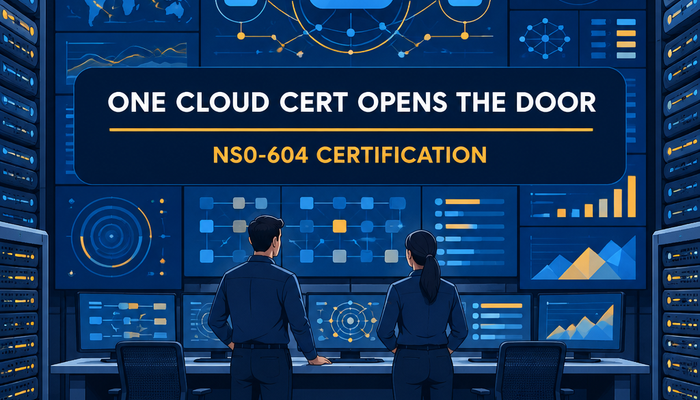 NS0-604 NetApp Certified Hybrid Cloud Architect banner showing two engineers in a hybrid cloud operations room facing a wall of monitoring screens