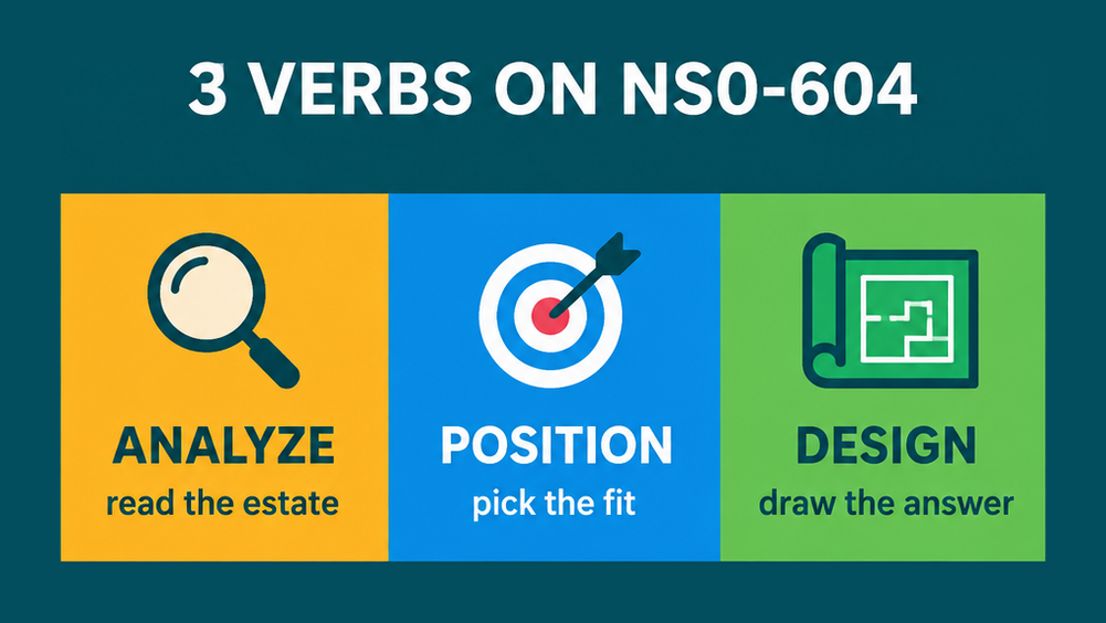 The three verbs NS0-604 tests: analyze the estate, position the fit and design the answer