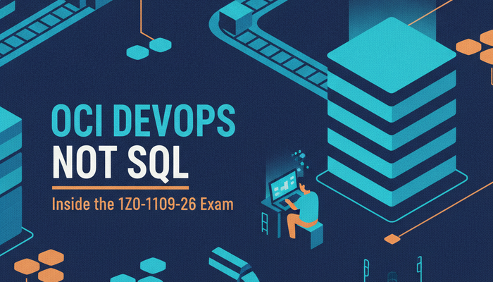 OCI DevOps Professional certification banner for the 1Z0-1109-26 exam showing an isometric build pipeline and cluster nodes