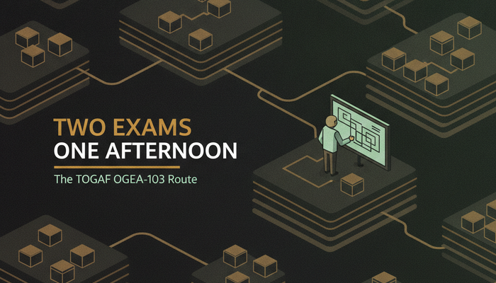 TOGAF enterprise architect certification banner for the OGEA-103 combined exam showing layered architecture platforms and an architect at a planning board