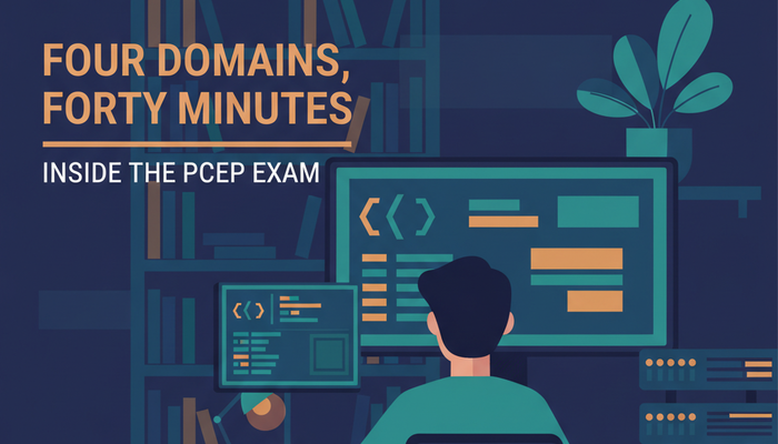 PCEP-30-02 entry level Python certification banner showing a junior developer tracing a loop on screen
