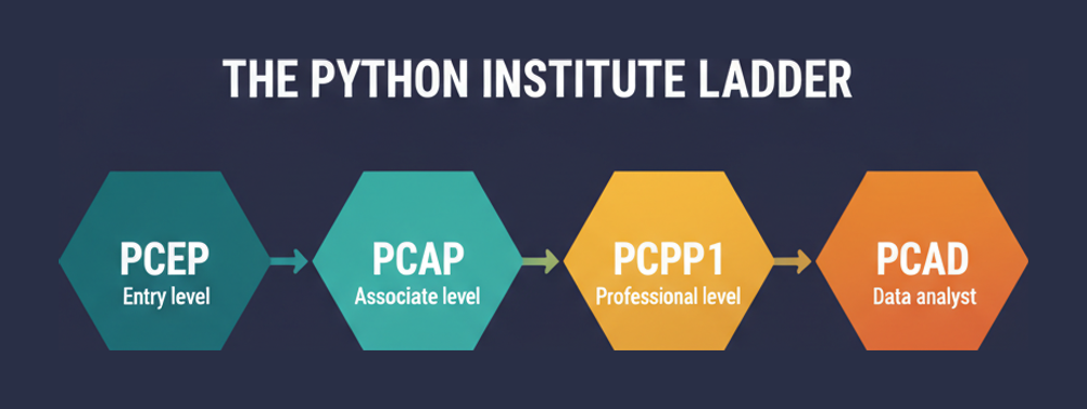 Python Institute credential ladder showing PCEP entry level, PCAP associate level, PCPP1 professional level and PCAD data analyst
