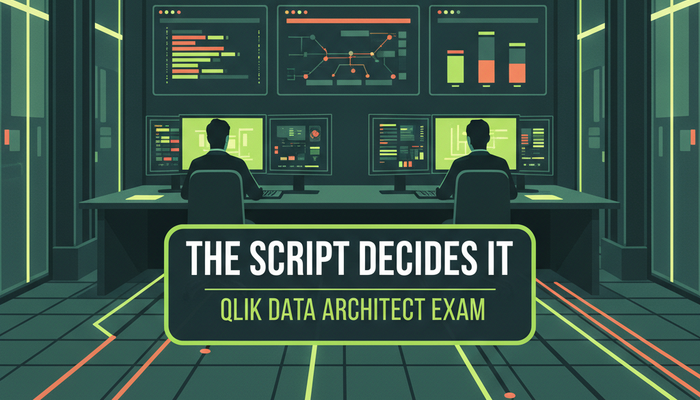 Qlik QSDA Sense Data Architect certification banner showing a data engineering workspace with load script and model screens
