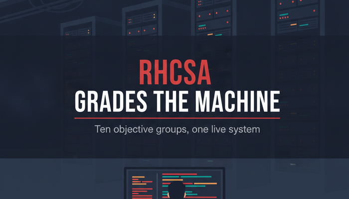 Red Hat EX200 RHCSA exam objectives banner showing a Linux administrator working at a terminal with storage volumes and SELinux controls