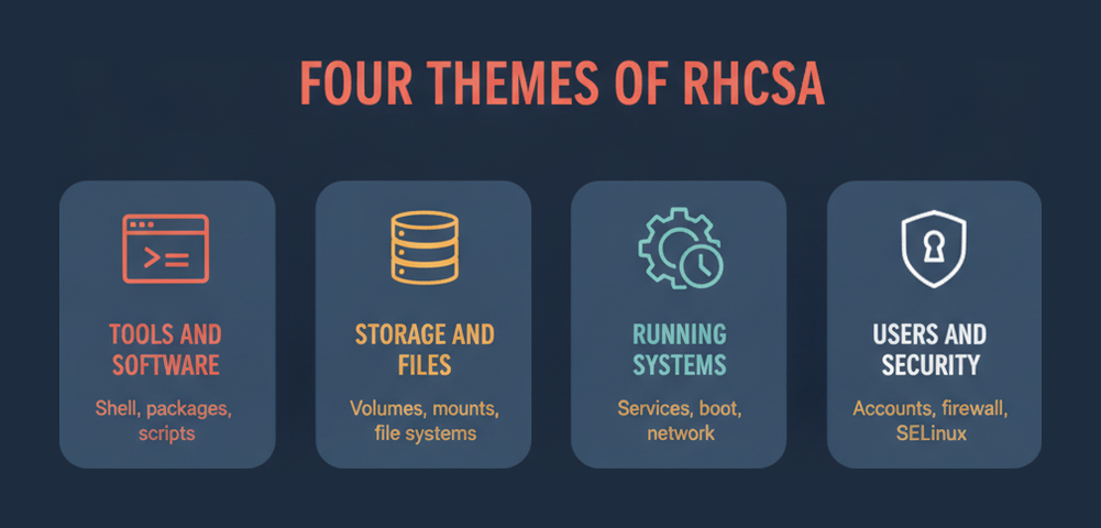 Four themes of the RHCSA exam objectives: tools and software, storage and files, running systems, and users and security