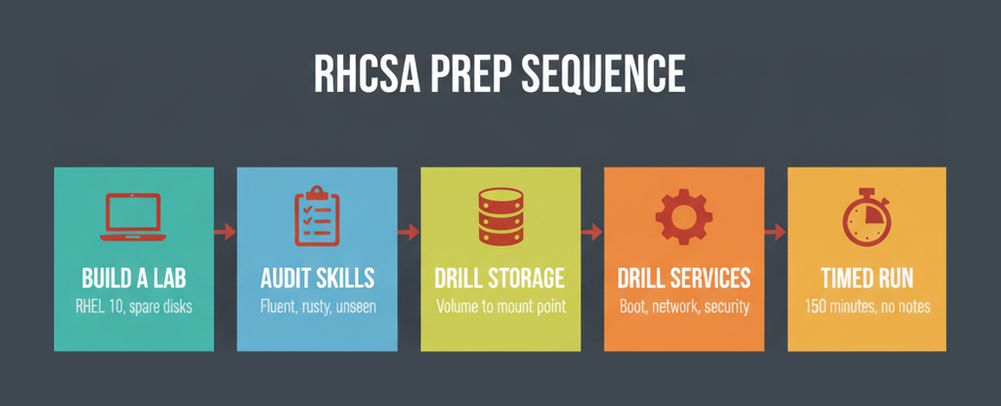 Five stage RHCSA preparation sequence from building a lab through storage and services drills to a timed run