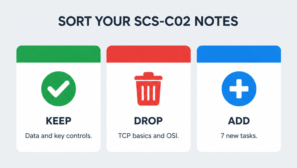 SCS-C03 study triage showing what to keep, what to drop and what to add after SCS-C02