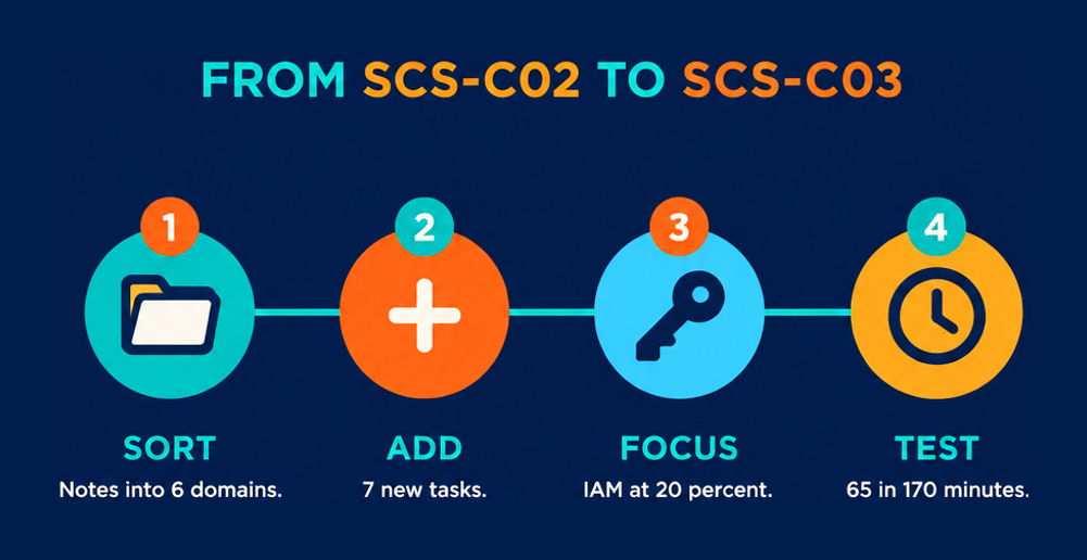 A four phase move from SCS-C02 to SCS-C03: sort notes into six domains, add seven new tasks, focus on IAM at 20 percent, then test 65 questions in 170 minutes