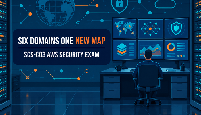SCS-C03 AWS Security Specialty banner showing a security engineer in an operations room facing a wall of monitoring screens