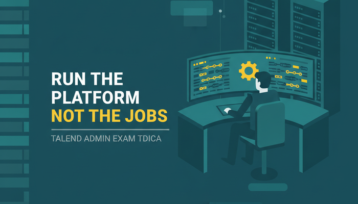 Talend administrator certification banner showing an administrator at a console with job servers and scheduled pipelines behind