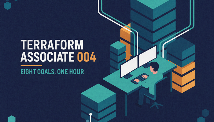 Terraform Associate 004 certification banner showing an engineer building stacked cloud infrastructure blocks