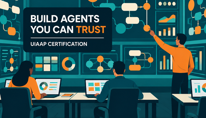 Agentic Automation Professional certification banner showing an automation team reviewing agent test results in an operations room