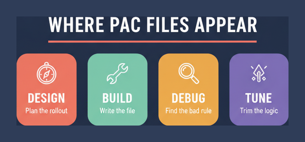 PAC files appear in four ZDTE objectives: design the rollout, build the file, debug a bad rule and tune the logic