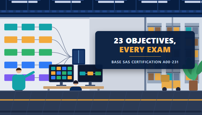 Base SAS certification A00-231 banner showing an analytics office with wall charts, two monitors and two people at a desk, with the headline 23 objectives every exam