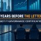 CGEIT IT governance certification banner showing a board room with a long table, wall screens of abstract charts and a city view, with the headline 5 years before the letters